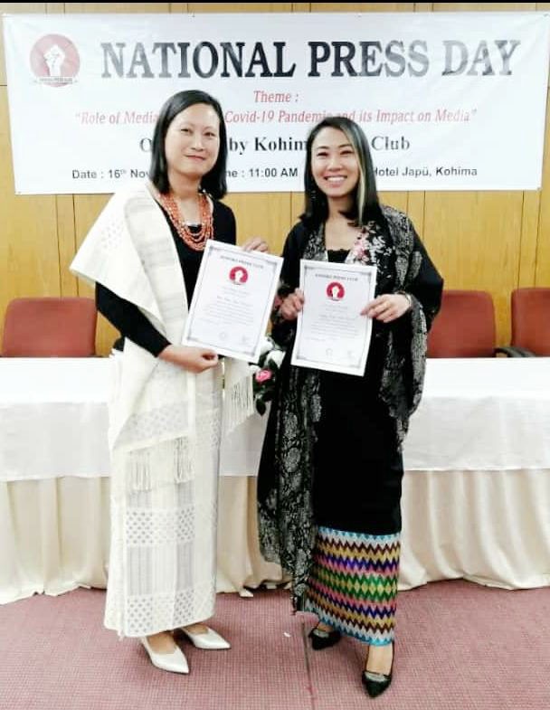 Atono Tsükrü Kense  (L) and T Sarah Naam Konyak (R), who were conferred the first KPC Impact Journalism award on November 16. (Morung Photo)
